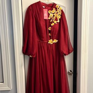 Elegant Red Long Sleeve Dress with Floral Accents